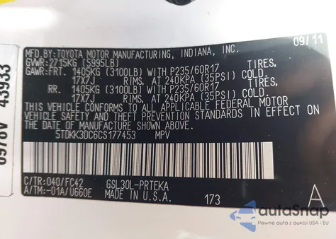 2012 Toyota Sienna Le V6 8 Passenger from USA, damaged, VIN 5TDKK3DC6CS177453